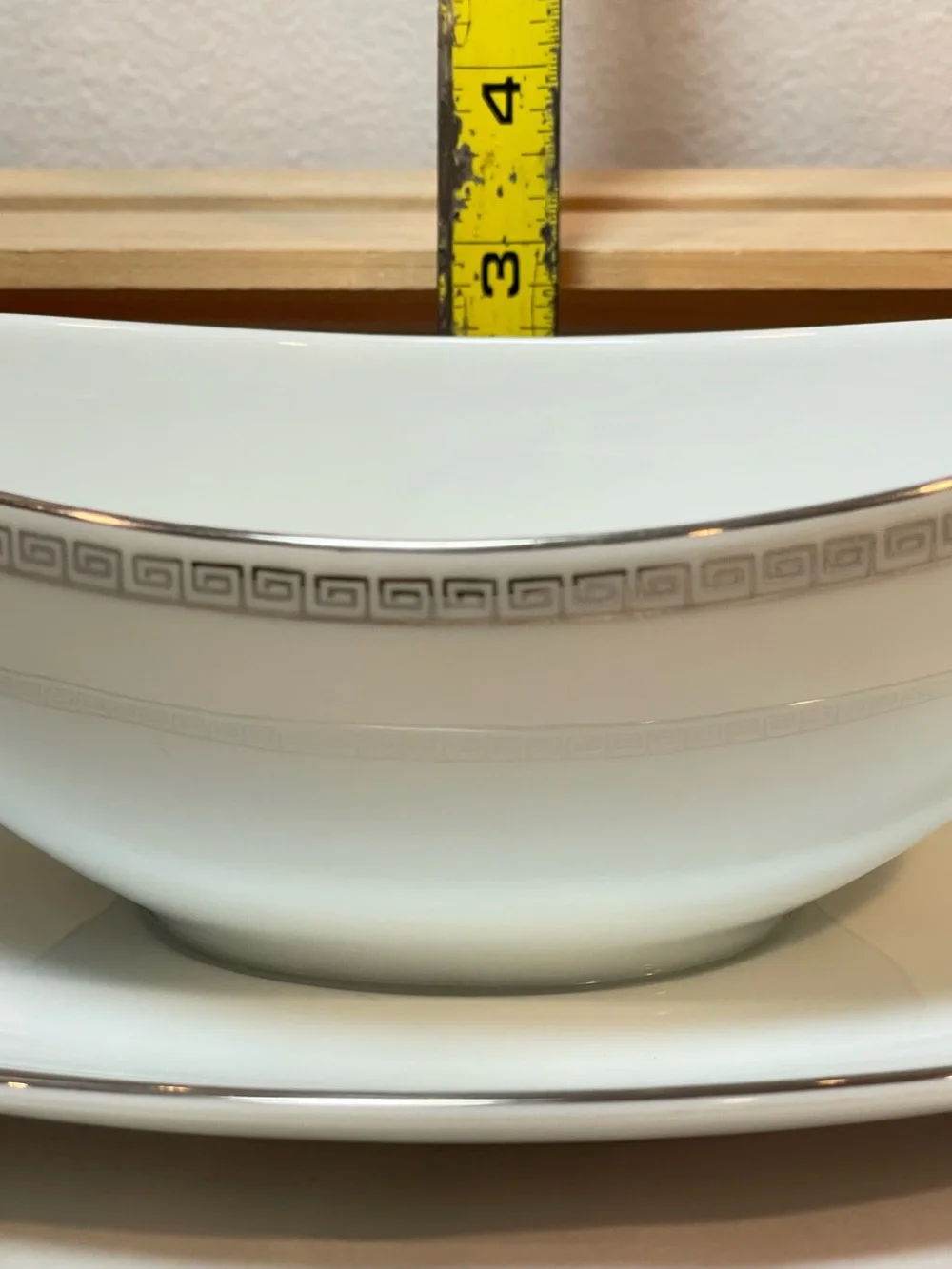 Noritake “Silver Key” White Ceramic Gravy Boat w Greek Key Border Silver Edging